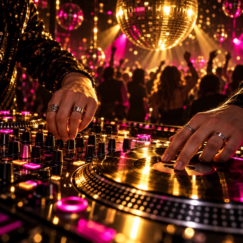 ミキサーとターンテーブルを操るDJの手元